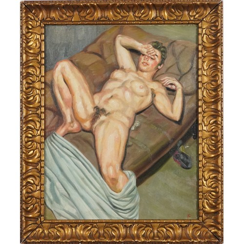 3455 - Manner of Lucian Freud - Reclining female nude, oil on canvas, gilt framed, 50cm x 40cm