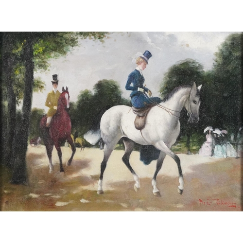 3458 - Female on horseback, oil on board, indistinctly signed lower right in red, framed, 39cm x 29cm