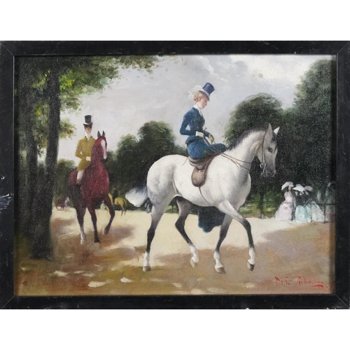 3458 - Female on horseback, oil on board, indistinctly signed lower right in red, framed, 39cm x 29cm