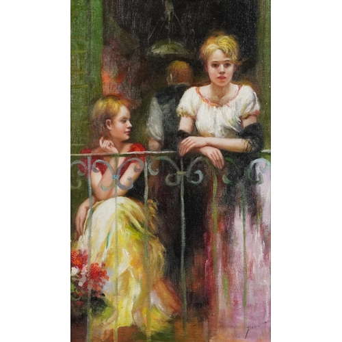 3457 - Young females on a balcony, French Impressionist oil on board, contemporary framed, 38cm x 22cm