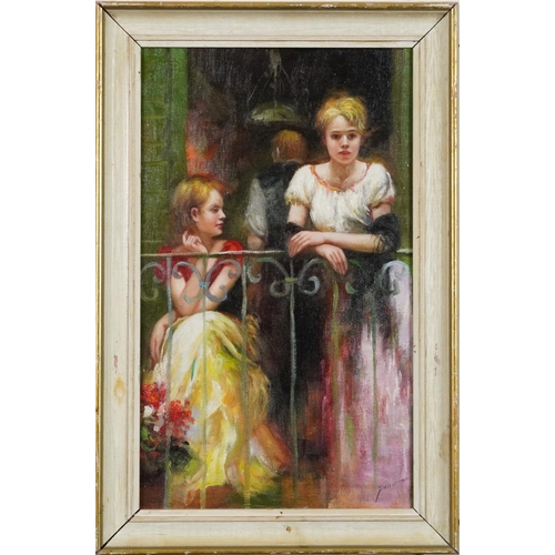 3457 - Young females on a balcony, French Impressionist oil on board, contemporary framed, 38cm x 22cm