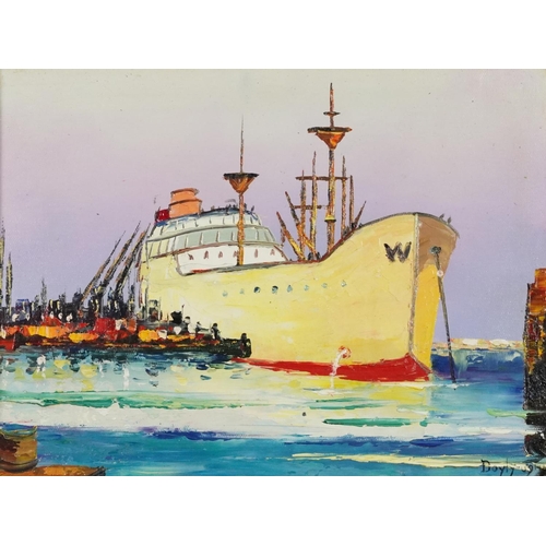 3456 - Manner of D'Oyly John - Shoreham cruise liner, oil impasto on board, framed, 29cm x 29cm