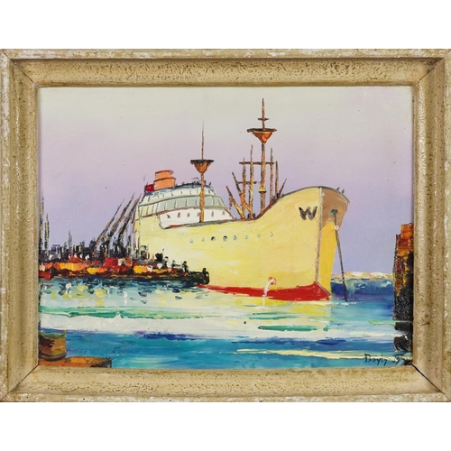 3456 - Manner of D'Oyly John - Shoreham cruise liner, oil impasto on board, framed, 29cm x 29cm