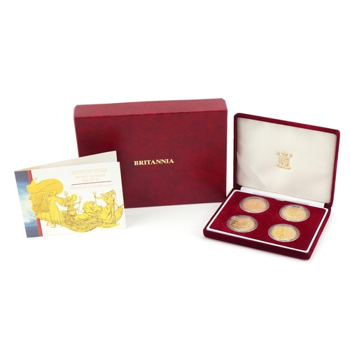 3585 - Britannia Design one ounce gold bullion four coin set by The Royal Mint with box and certificate, to... 