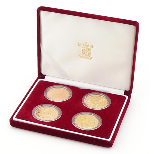 3585 - Britannia Design one ounce gold bullion four coin set by The Royal Mint with box and certificate, to... 