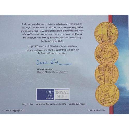 3585 - Britannia Design one ounce gold bullion four coin set by The Royal Mint with box and certificate, to... 