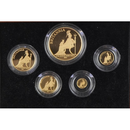 3592 - 2013 Britannia five coin gold proof set by The Royal Mint with box and certificate numbered 221, tot... 