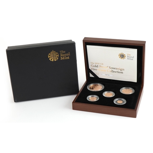 3594 - 2010 gold proof sovereign five coin collection by The Royal Mint with box and certificate numbered 0... 