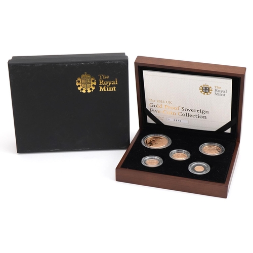 3595 - 2011 gold proof sovereign five coin collection by The Royal Mint with box and certificate numbered 0... 