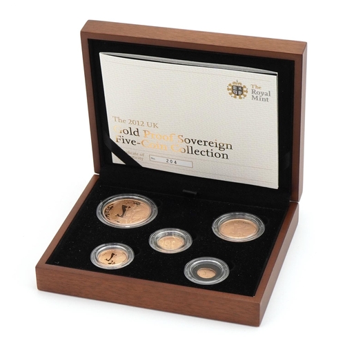 3596 - 2012 gold proof sovereign five coin collection by The Royal Mint with box and certificate numbered 2... 