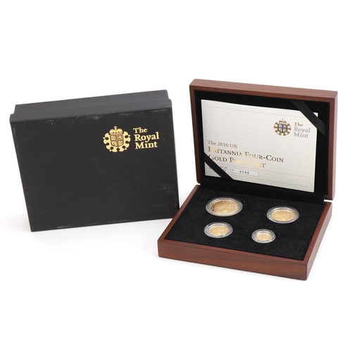 3597 - 2010 Britannia four coin gold proof set by the Royal Mint with box and certificate numbered 0242, to... 