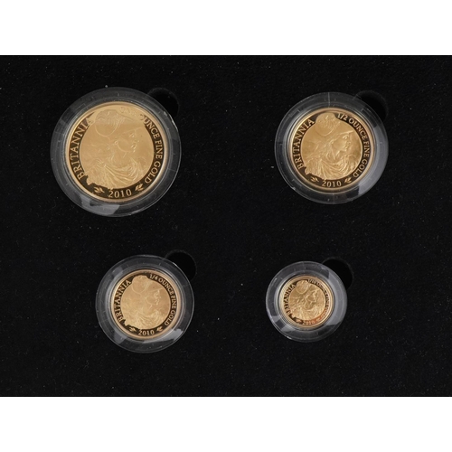 3597 - 2010 Britannia four coin gold proof set by the Royal Mint with box and certificate numbered 0242, to... 