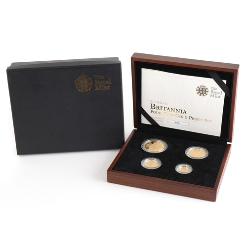 3598 - 2011 Britannia four coin gold proof set by the Royal Mint with box and certificate numbered 998, tot... 