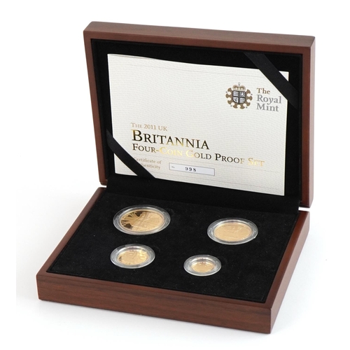 3598 - 2011 Britannia four coin gold proof set by the Royal Mint with box and certificate numbered 998, tot... 