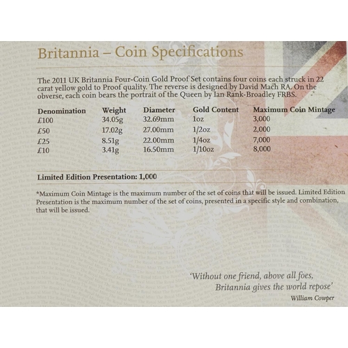 3598 - 2011 Britannia four coin gold proof set by the Royal Mint with box and certificate numbered 998, tot... 