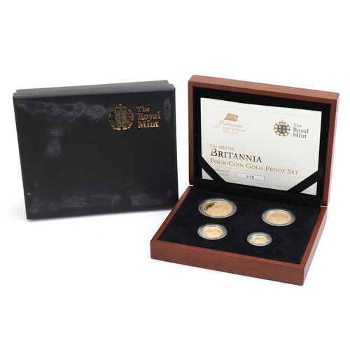 3599 - 2012 Britannia four coin gold proof set by the Royal Mint with box and certificate numbered 079, tot... 