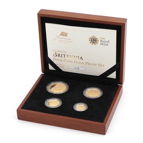 3599 - 2012 Britannia four coin gold proof set by the Royal Mint with box and certificate numbered 079, tot... 