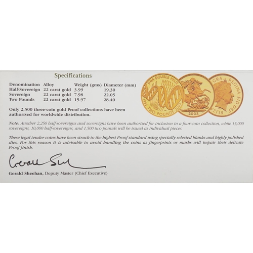 3606 - 2003 gold proof three coin sovereign collection - DNA double helix two pounds by The Royal Mint with... 