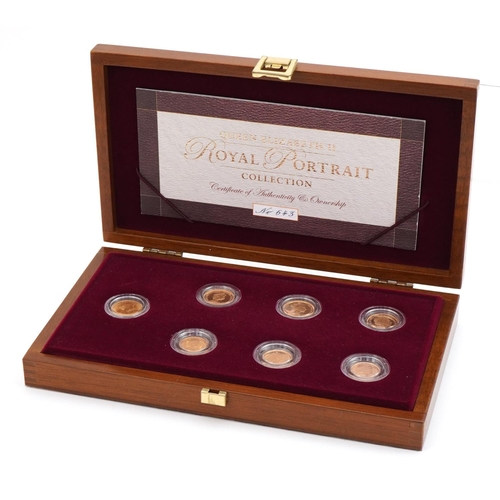 3607 - Queen Elizabeth Royal Portrait gold sovereign and half sovereign seven coin collection by The Royal ... 