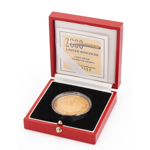 3609 - 2000 Millennium gold proof five pound crown by The Royal Mint with box and certificate numbered 2153... 