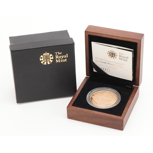 3610 - 2008 Queen Elizabeth II five pound gold proof coin by The Royal Mint with box and certificate number... 