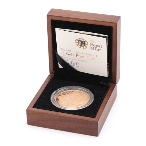 3610 - 2008 Queen Elizabeth II five pound gold proof coin by The Royal Mint with box and certificate number... 