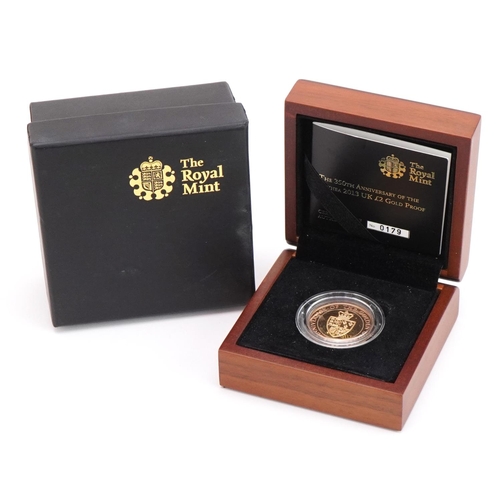 3615 - 2013 350th Anniversary of The Guinea two pound gold proof coin by The Royal Mint with box and certif... 