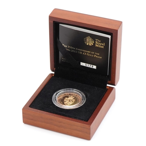 3615 - 2013 350th Anniversary of The Guinea two pound gold proof coin by The Royal Mint with box and certif... 