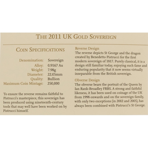 3618 - 2011 gold sovereign with box by The Royal Mint, 7.98g