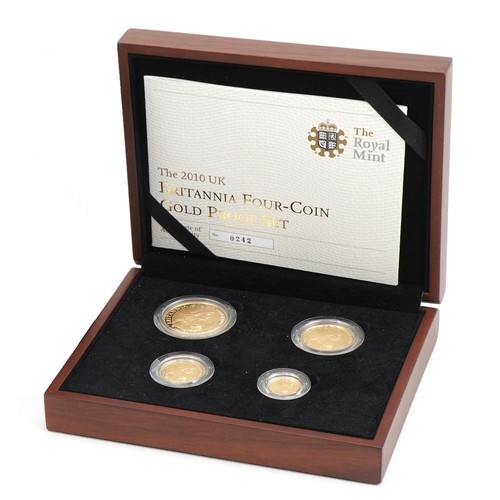 3597 - 2010 Britannia four coin gold proof set by the Royal Mint with box and certificate numbered 0242, to... 