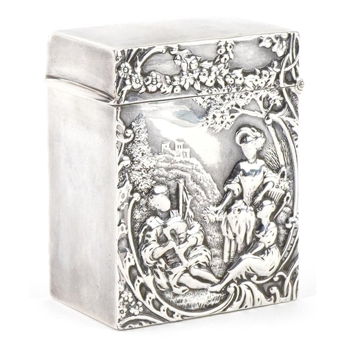 402 - William Comyns, Victorian silver card box embossed with a courting couple before a castle on a hill,... 