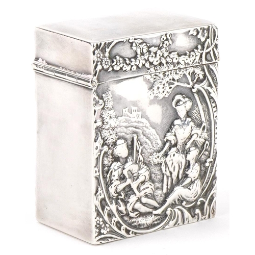 402 - William Comyns, Victorian silver card box embossed with a courting couple before a castle on a hill,... 