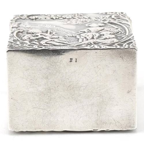 402 - William Comyns, Victorian silver card box embossed with a courting couple before a castle on a hill,... 