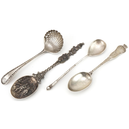 443 - Four antique and later silver spoons including a Russian example and one embossed with Cavaliers, th... 