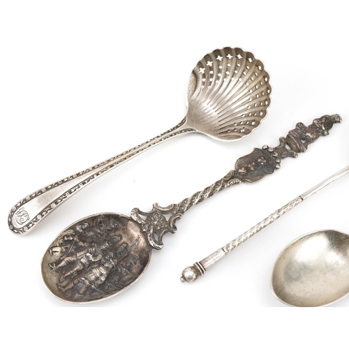 443 - Four antique and later silver spoons including a Russian example and one embossed with Cavaliers, th... 