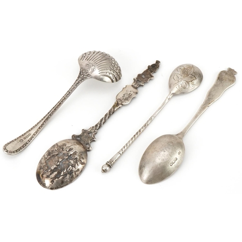 443 - Four antique and later silver spoons including a Russian example and one embossed with Cavaliers, th... 