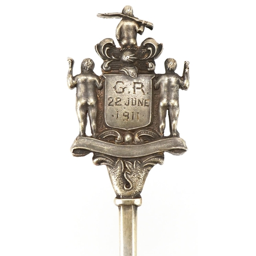 444 - Levi & Salaman, George V Joiners & Ceilers silver and enamel souvenir spoon, London 1910