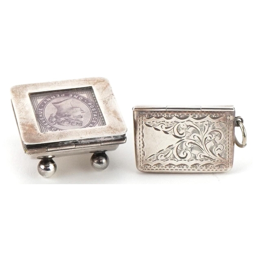 478 - Two silver stamp cases, one in the form of an envelope, the largest 3.4cm in length, total weight 23... 