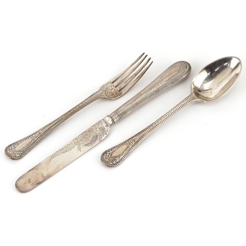 461 - Victorian aesthetic matched silver knife, fork and spoon christening set housed in a Mappin & Webb v... 