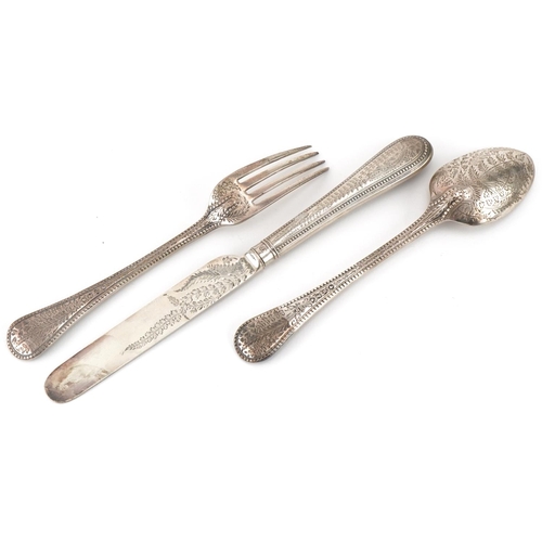 461 - Victorian aesthetic matched silver knife, fork and spoon christening set housed in a Mappin & Webb v... 