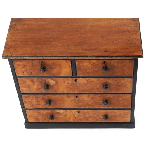 193 - Edwardian walnut and maple veneered table top chest, 38.5cm H x 40cm W x 19cm D