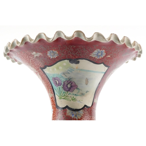 1123 - Large Japanese porcelain vase with frilled rim hand painted with flowers and insects, 55cm high