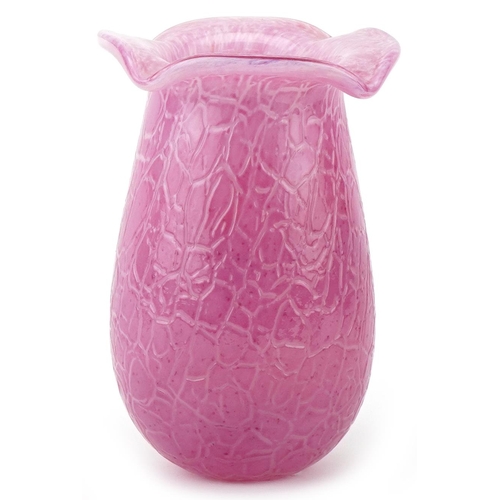 23 - Mid 20th century French Kralik Crackle pink glass vase with overturned lip, 18cm high