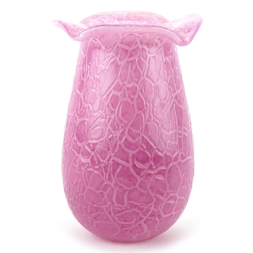 23 - Mid 20th century French Kralik Crackle pink glass vase with overturned lip, 18cm high