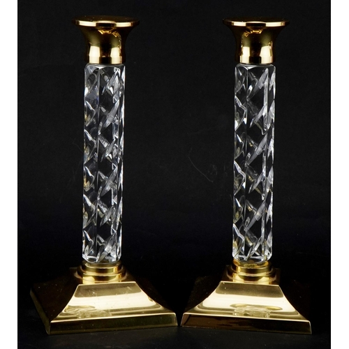 529 - Pair of Waterford Crystal candlesticks with gilt metal sconces and square bases, 28cm high, repair t... 