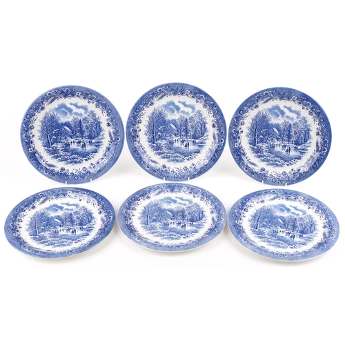 1162 - Set of six blue and white transfer printed plates by Churchill, each depicting children playing on a... 