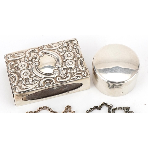 448 - Silver circular pillbox by Charles and George Asprey, London 1908, together with a silver embossed m... 