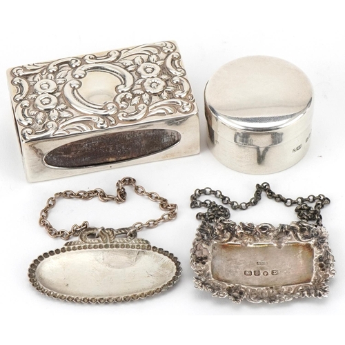 448 - Silver circular pillbox by Charles and George Asprey, London 1908, together with a silver embossed m... 