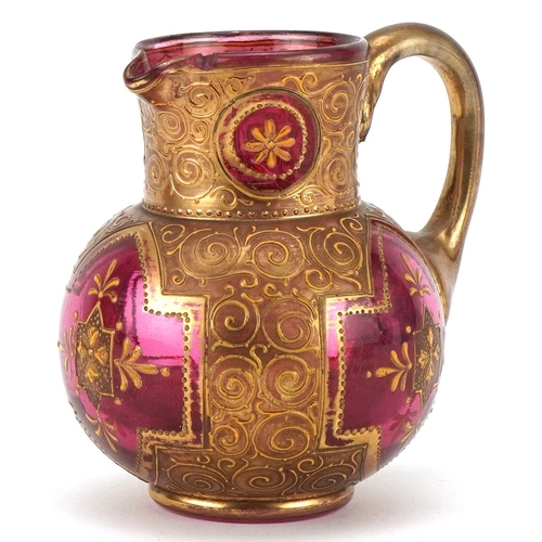 311 - Small Bohemian red glass vase circa 1880, possibly by Moser, with gilded decoration, 10cm high