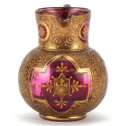 311 - Small Bohemian red glass vase circa 1880, possibly by Moser, with gilded decoration, 10cm high